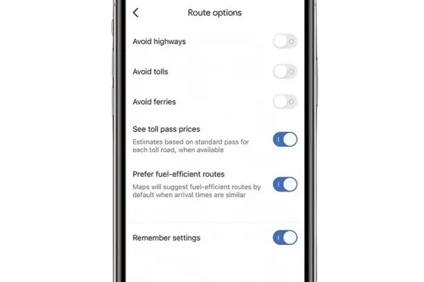 choosing to turn on or off the google maps fuel efficient route option